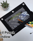 Pencil Pouch 3-Ring Black Color w/ Mesh Window