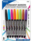 Fine Tip Bright Color Permanent Markers w/ Pocket Clip (8/Pack)