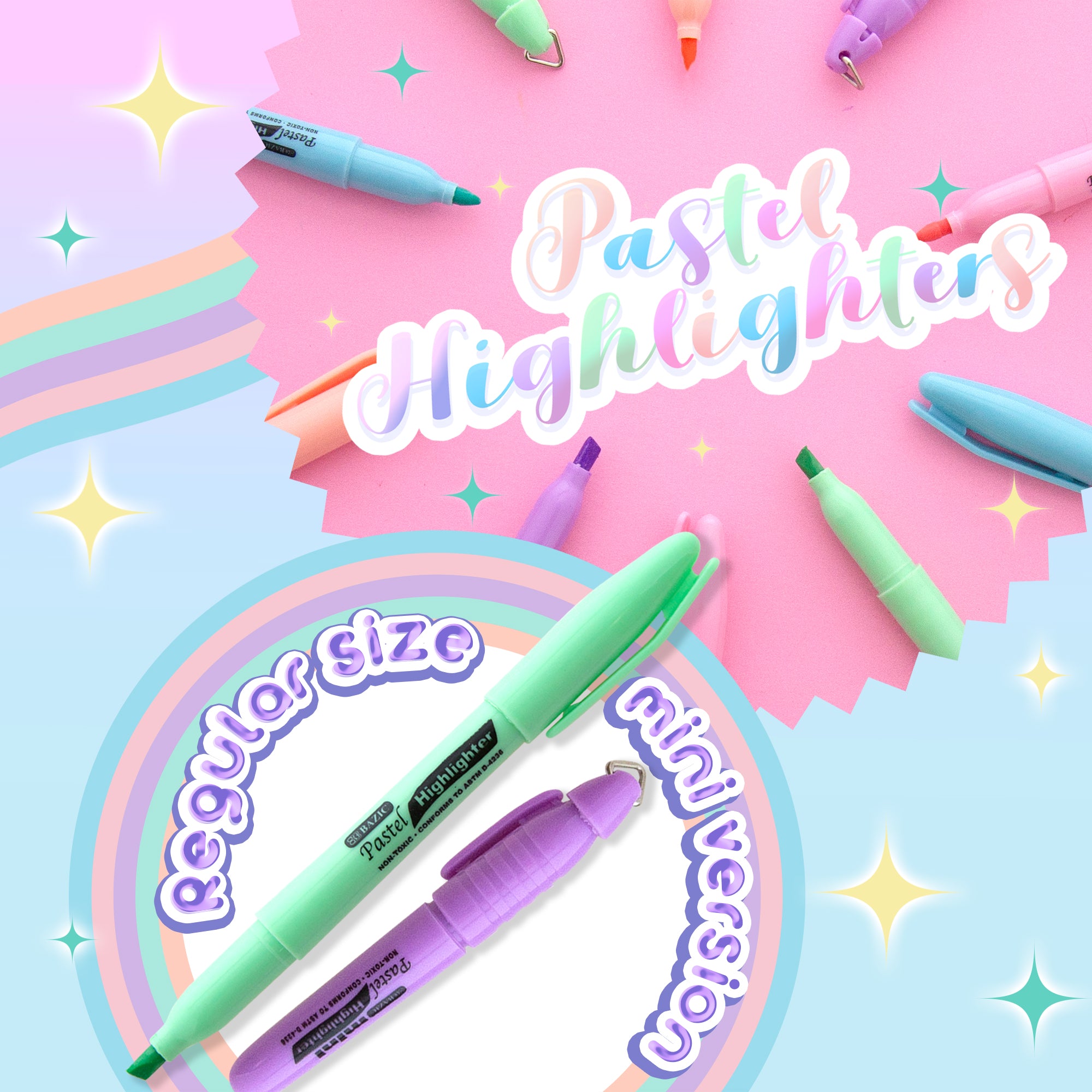 Pen Style Pastel Assorted Colors Highlighter w/ Pocket Clip (5/Pack)
