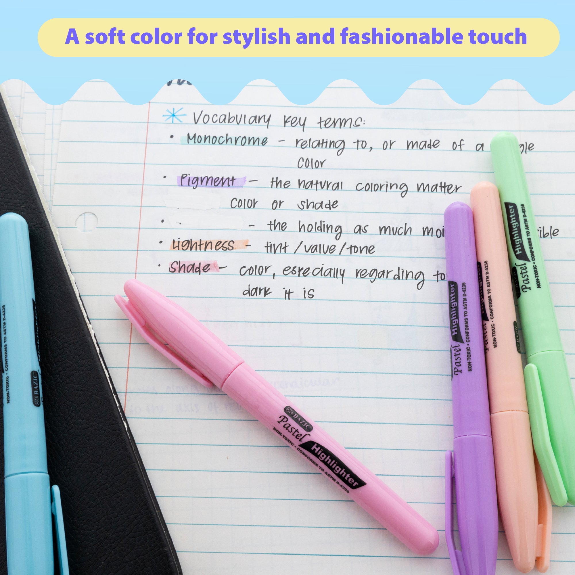 Pen Style Pastel Assorted Colors Highlighter w/ Pocket Clip (5/Pack)
