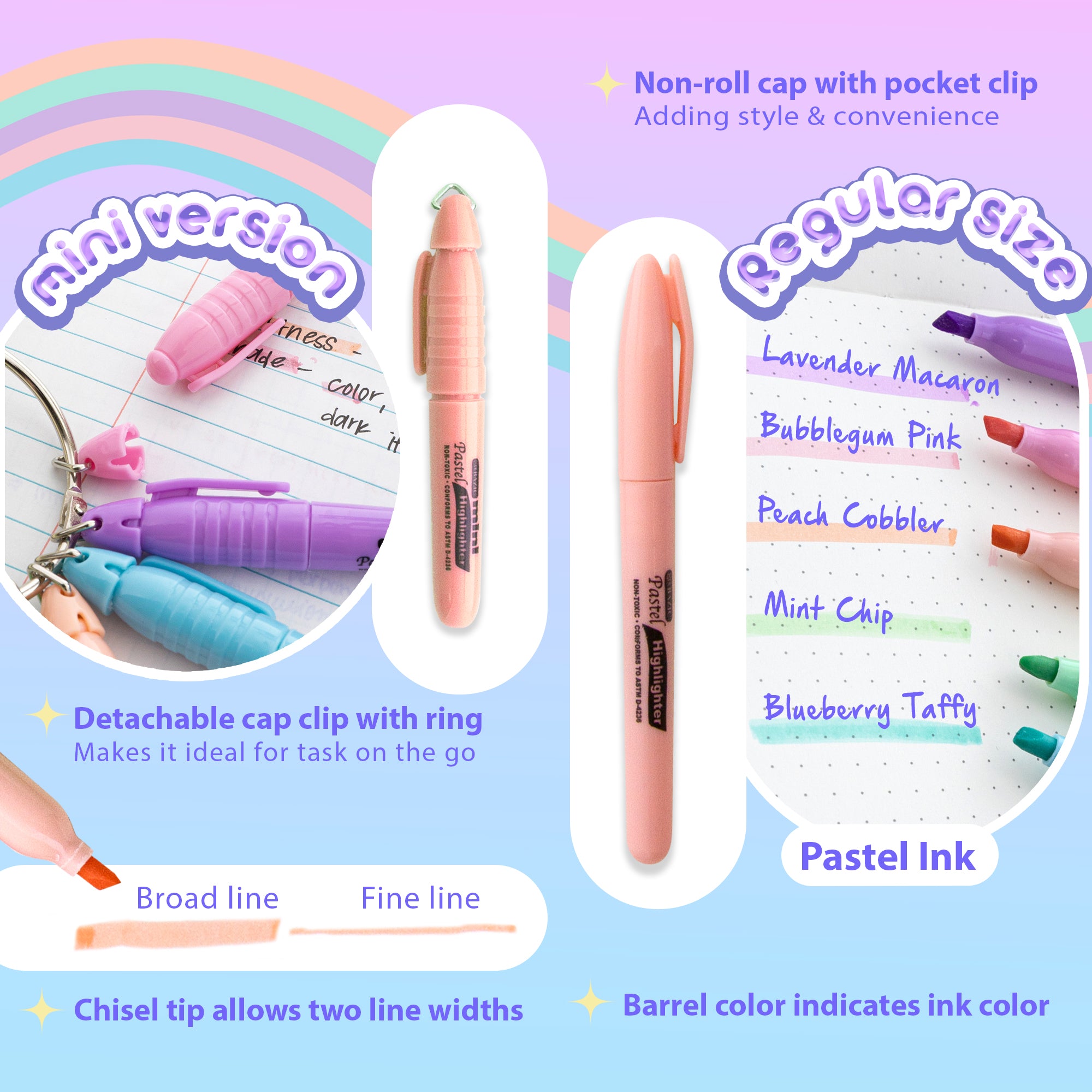Mini Pastel Assorted Colors Highlighter w/ Cap Clip (5/Pack)