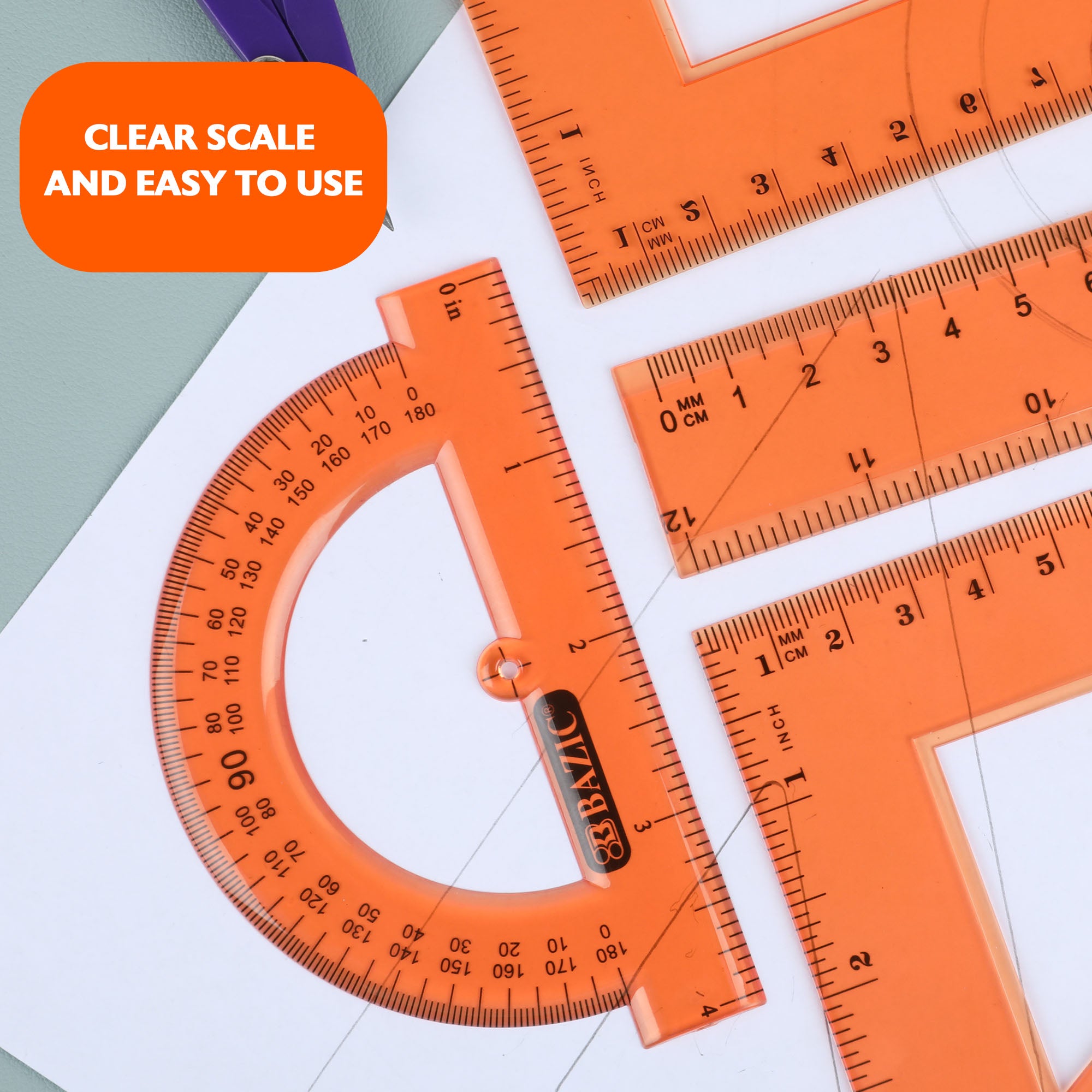 4-Piece Geometry Ruler Combination Set w/ Center Wheel Compass