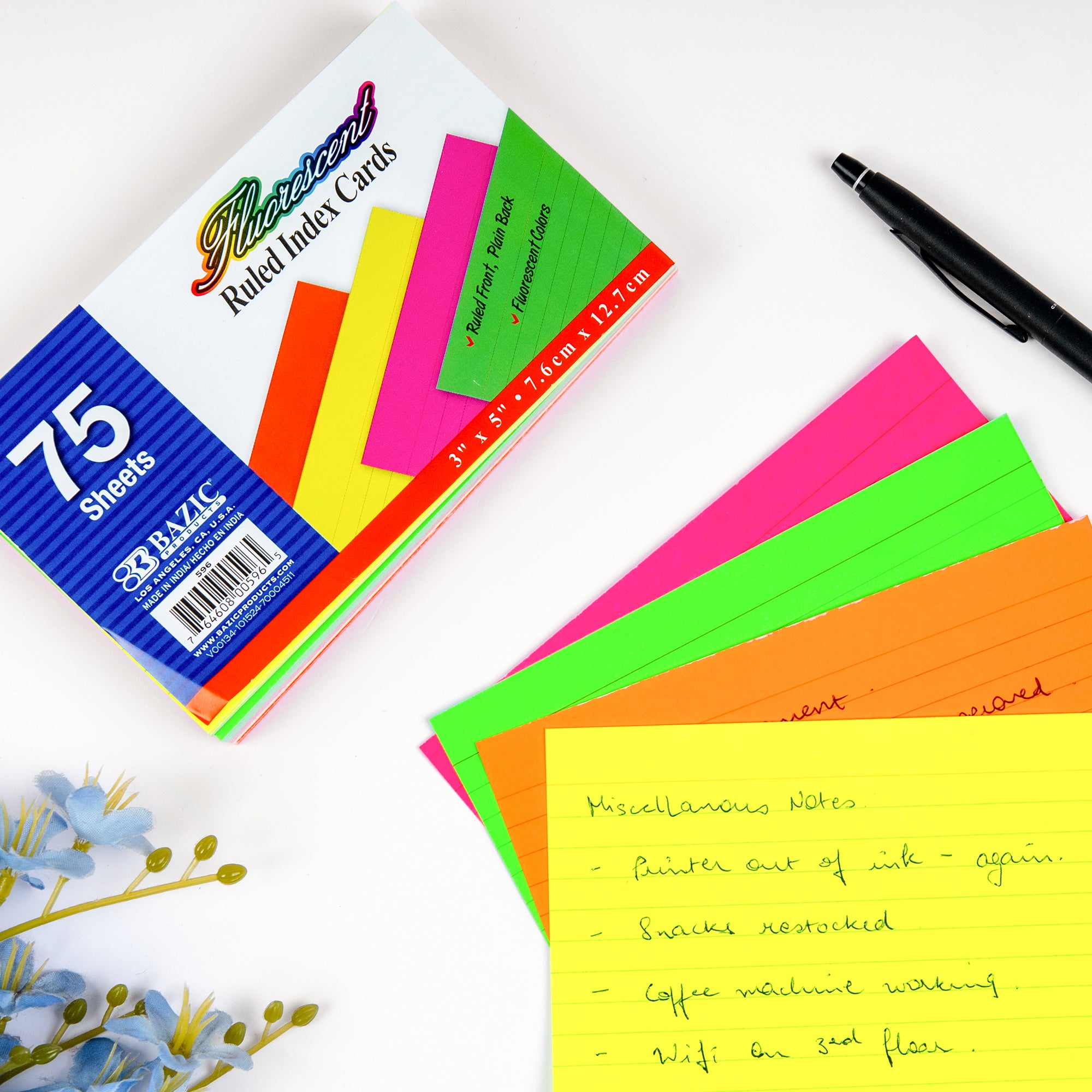 Ruled Fluorescent Colored Index Card 3&quot; X 5&quot; 75 Ct.
