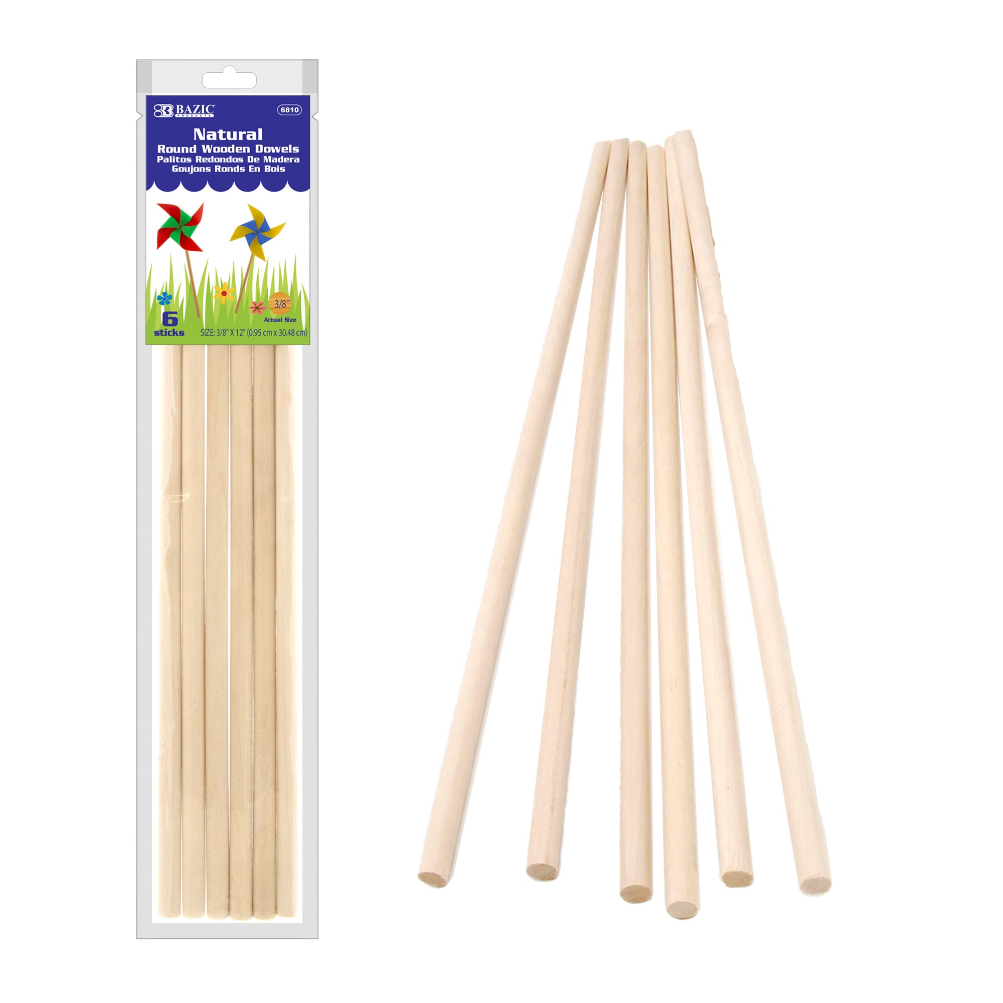 Wooden Dowel Round Natural 3/8&quot; x 12&quot; (6/Bag)