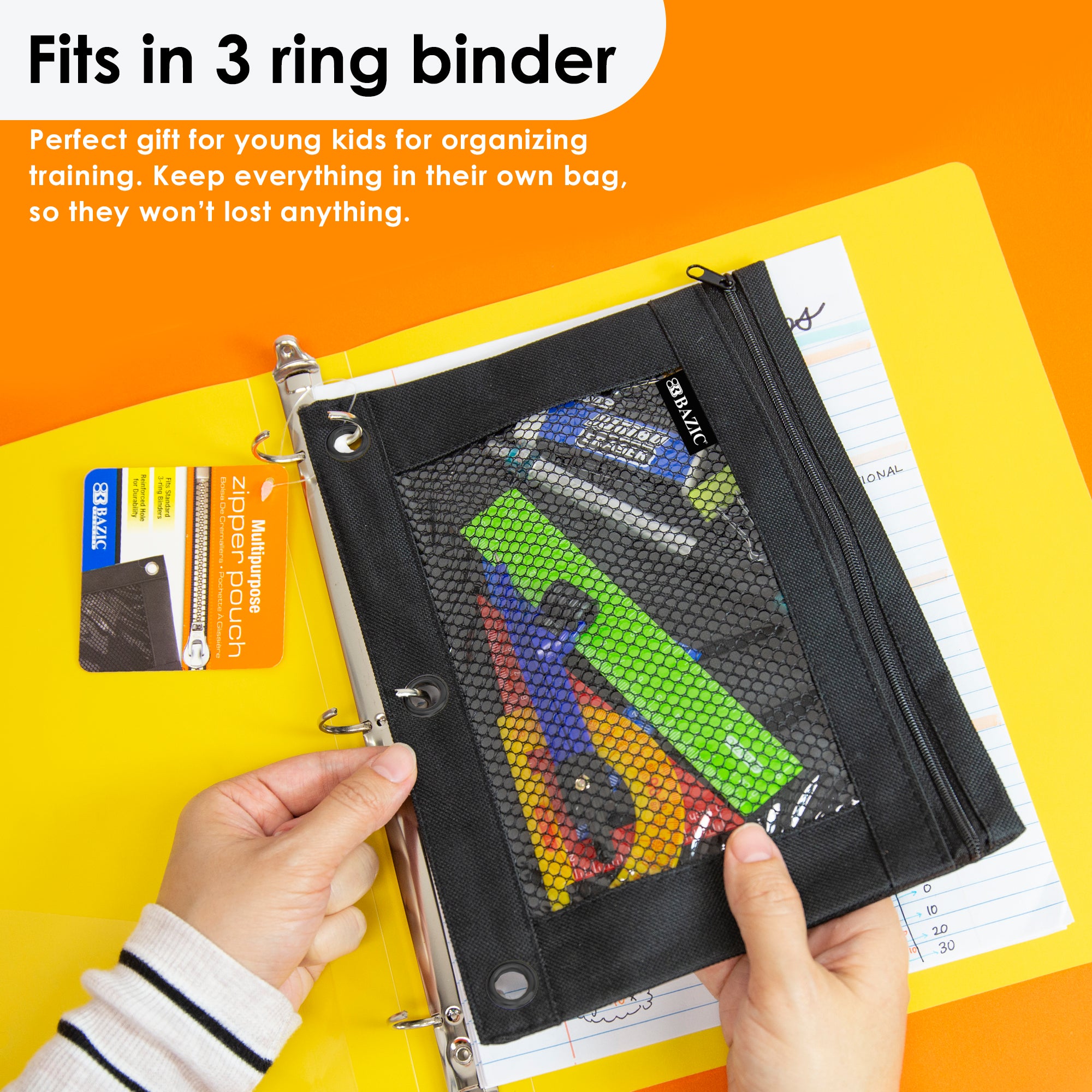 Pencil Pouch 3-Ring Black Color w/ Mesh Window