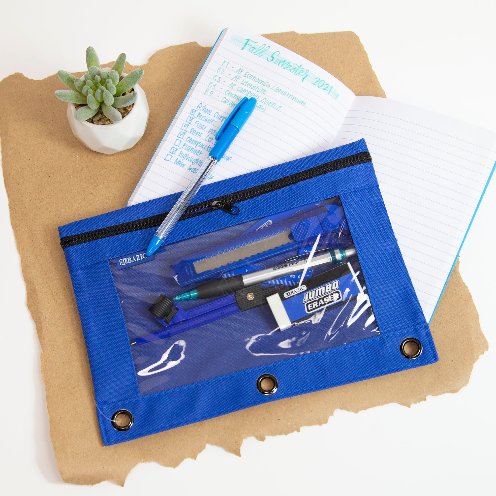 Pencil Pouch 3-Ring Bright Color w/ Clear Window