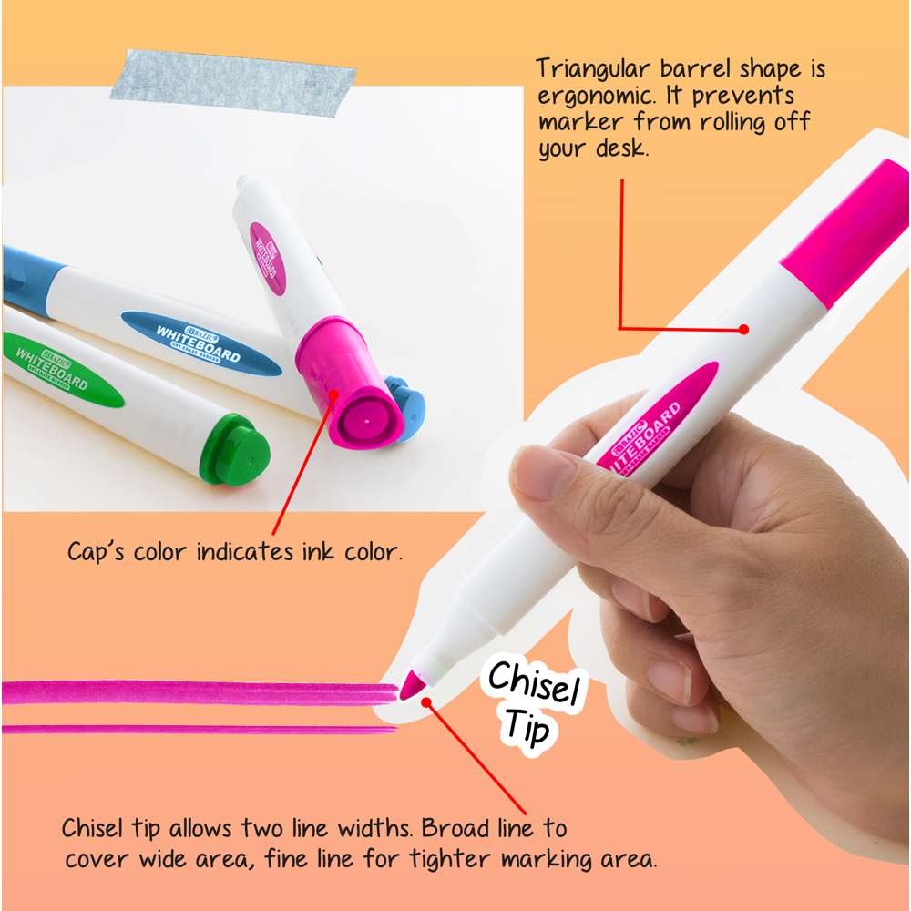 Triangle Dry-Erase Markers Chisel Tip Bright Colors (3/Pack)
