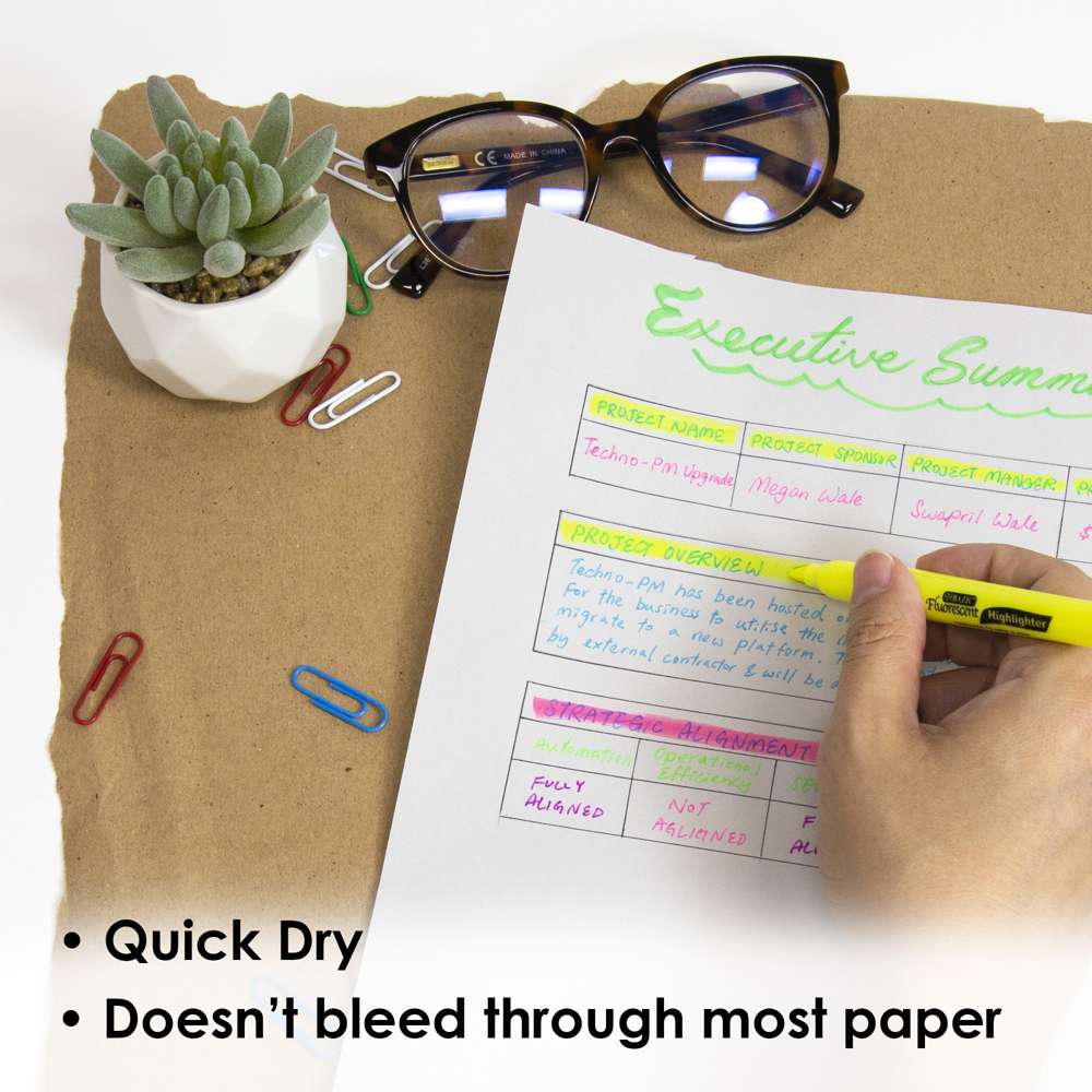 Pen Style Fluorescent Highlighter Yellow w/ Pocket Clip (5/Pk)