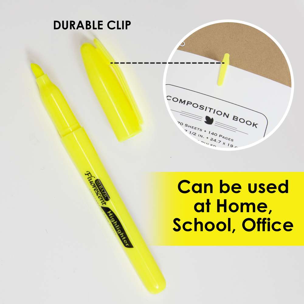 Pen Style Fluorescent Highlighter Yellow w/ Pocket Clip (5/Pk)