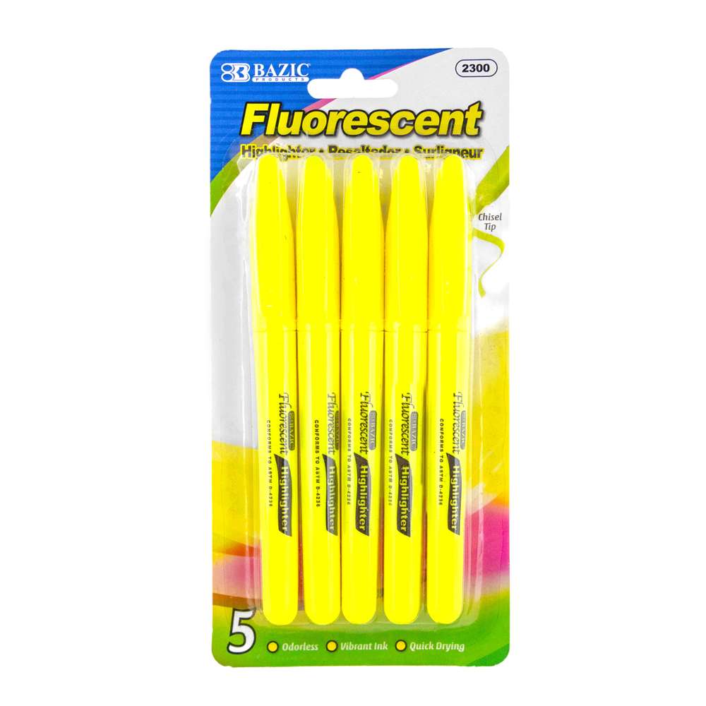 Pen Style Fluorescent Highlighter Yellow w/ Pocket Clip (5/Pk)