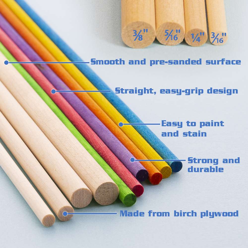 Wooden Dowel Round Multi-Colored 3/16&quot; x 12&quot; (15/Bag)