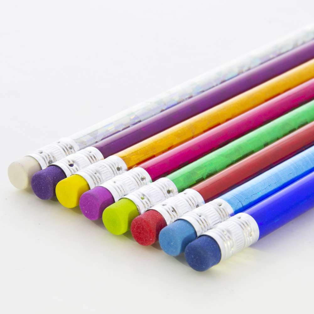 Wood Pencil w/ Eraser Metallic Laser Foil (8/Pack)
