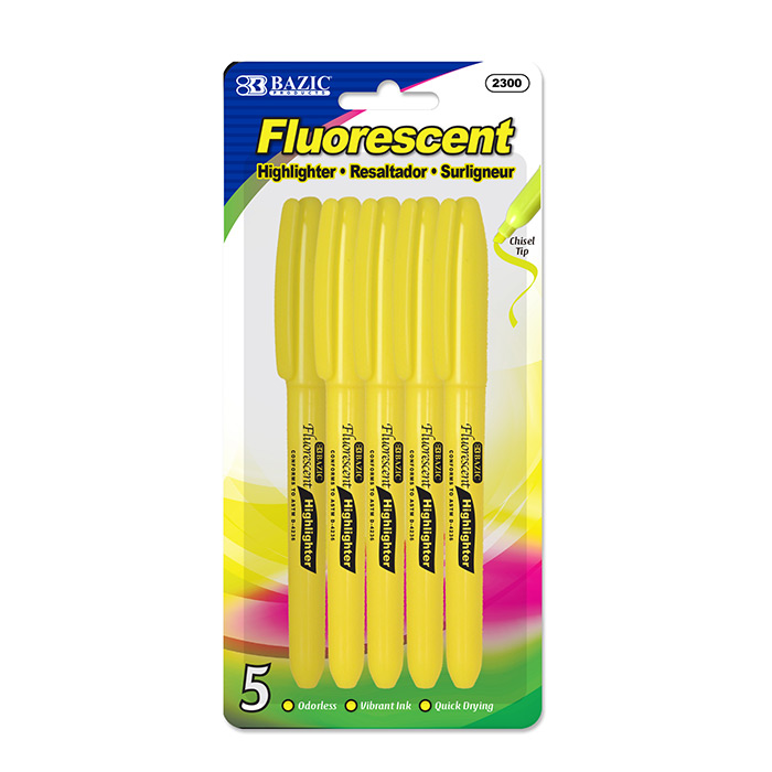 BAZIC Yellow Pen Style Fluorescent Highlighter w/ Pocket Clip (5/Pack)  Bazic Products