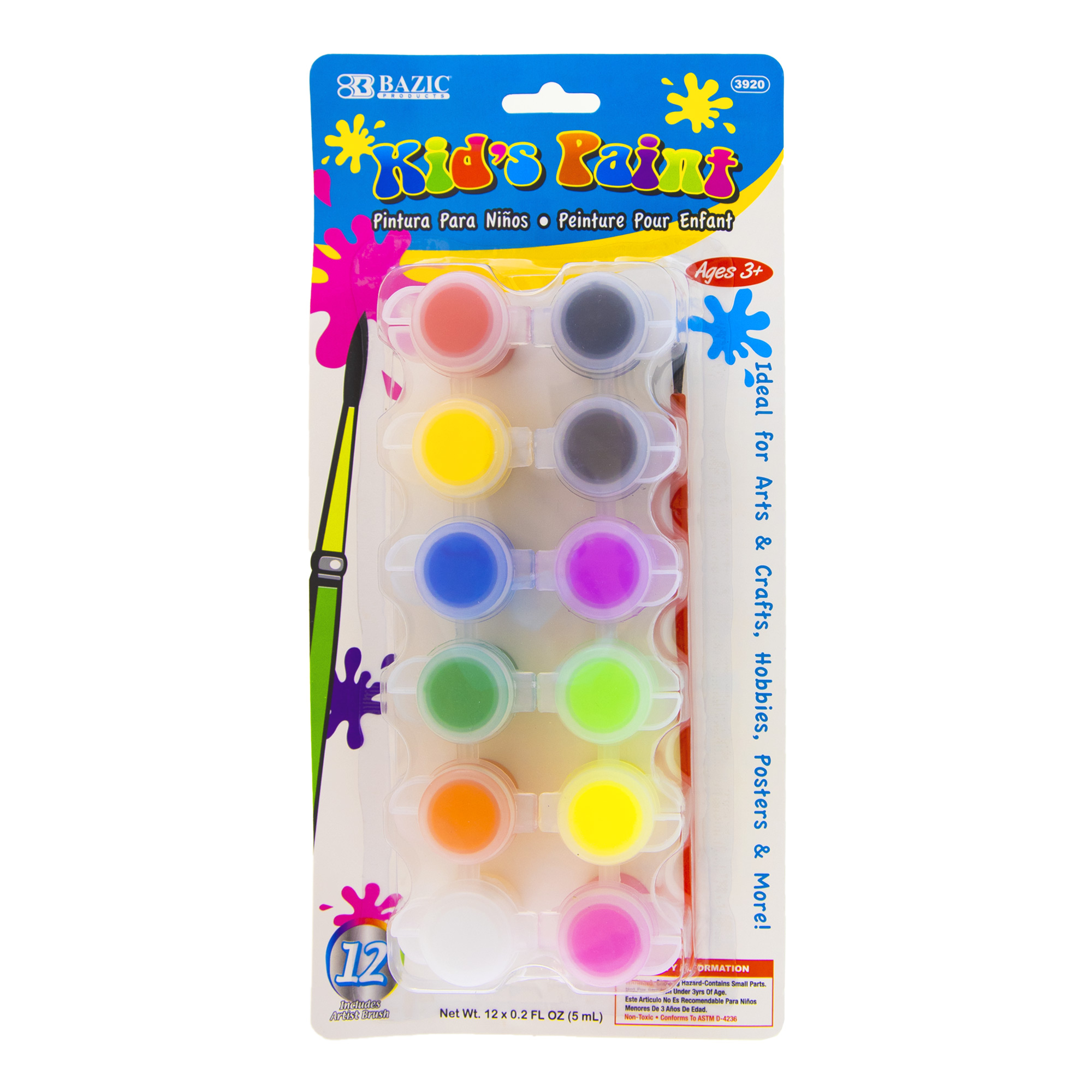 BAZIC 0.17 FL OZ (5 mL) 12 Color Kid's Paint w/ Brush Bazic Products