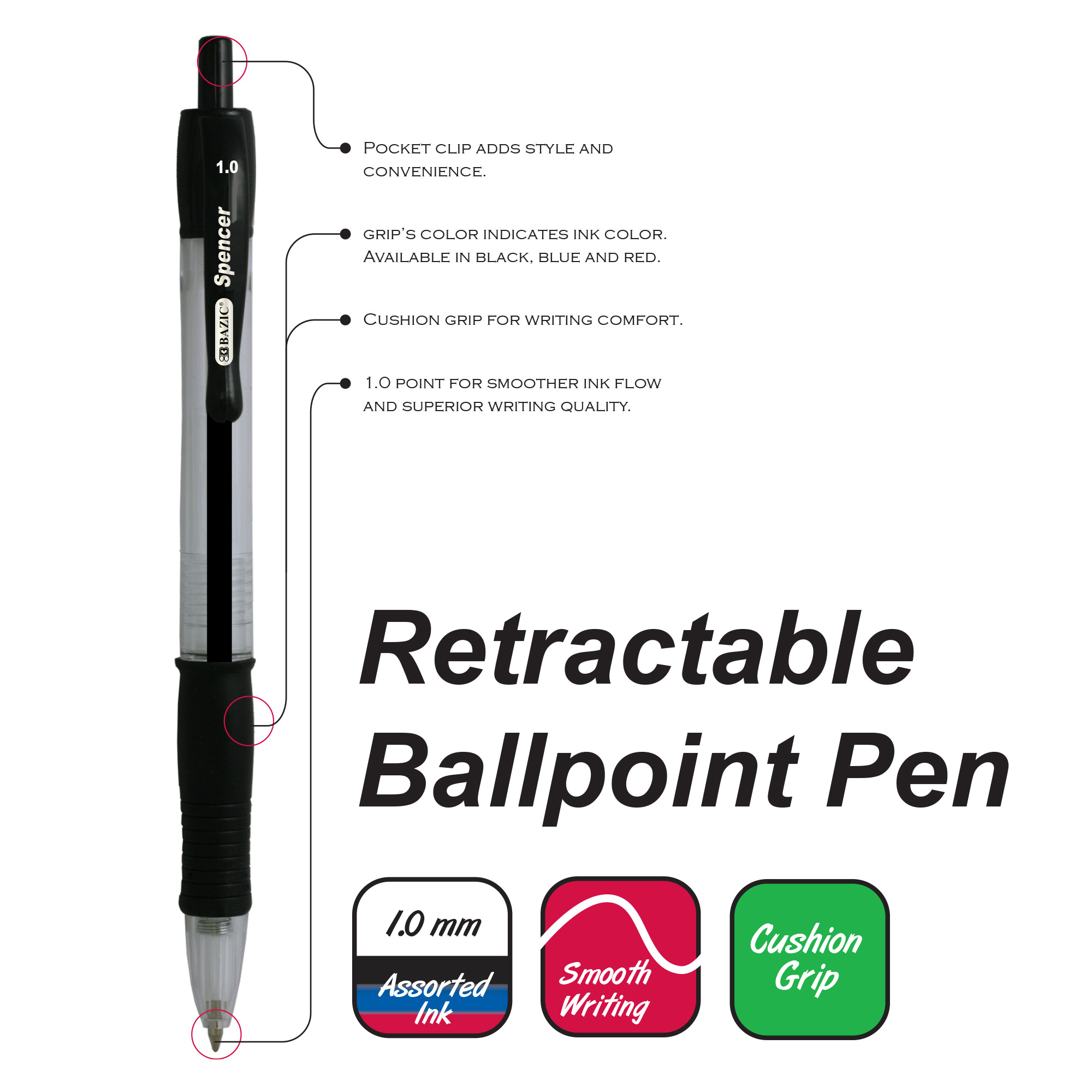 Bazic Spencer Blue Retractable Pen W / Cushion Grip (4 / Pack)