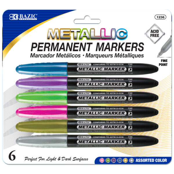 12 Bazic Permanent Metallic Markers Fine Tip Multicolor (2 Pack