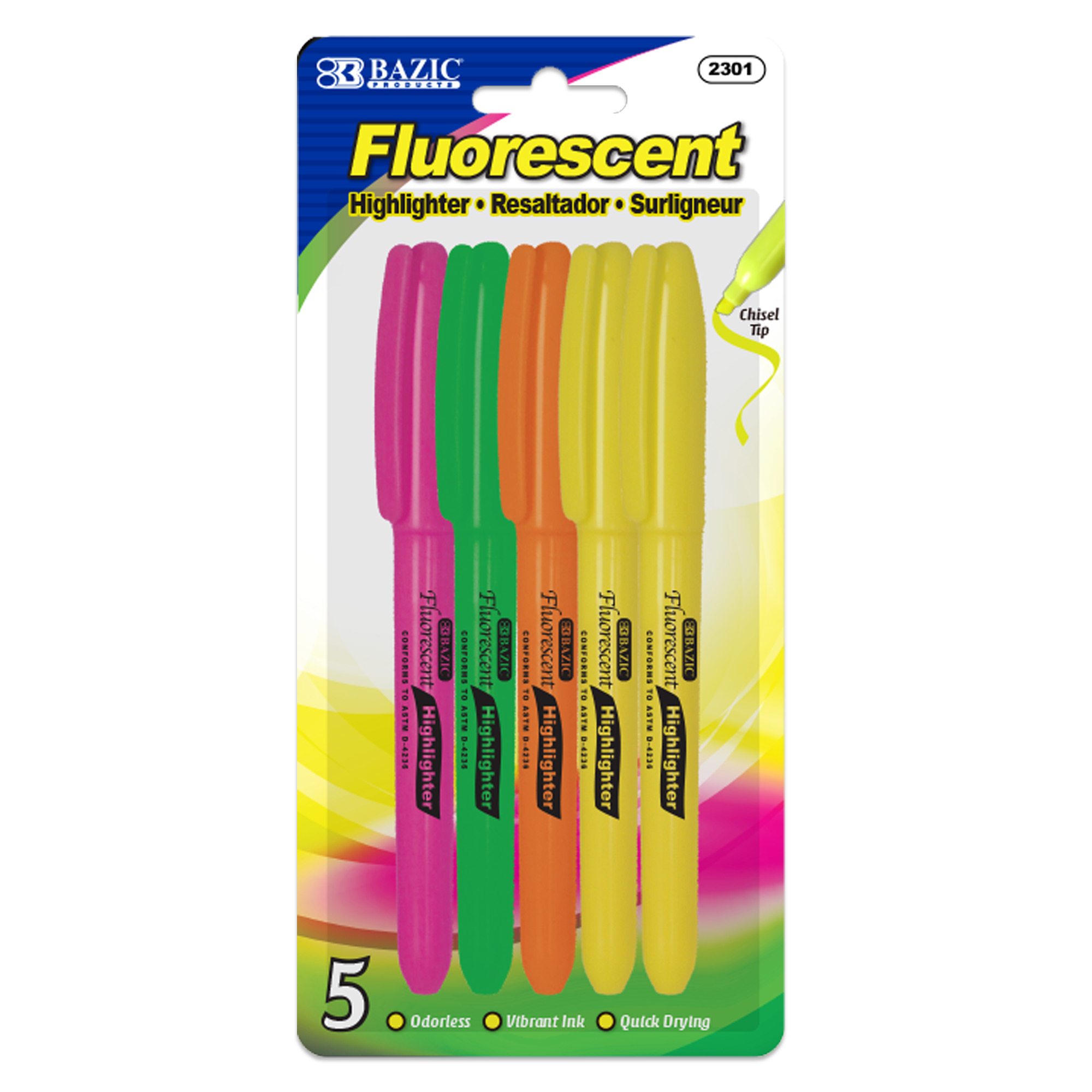 BAZIC Pen Style Fluorescent Highlighter w/ Pocket Clip (5/Pack 