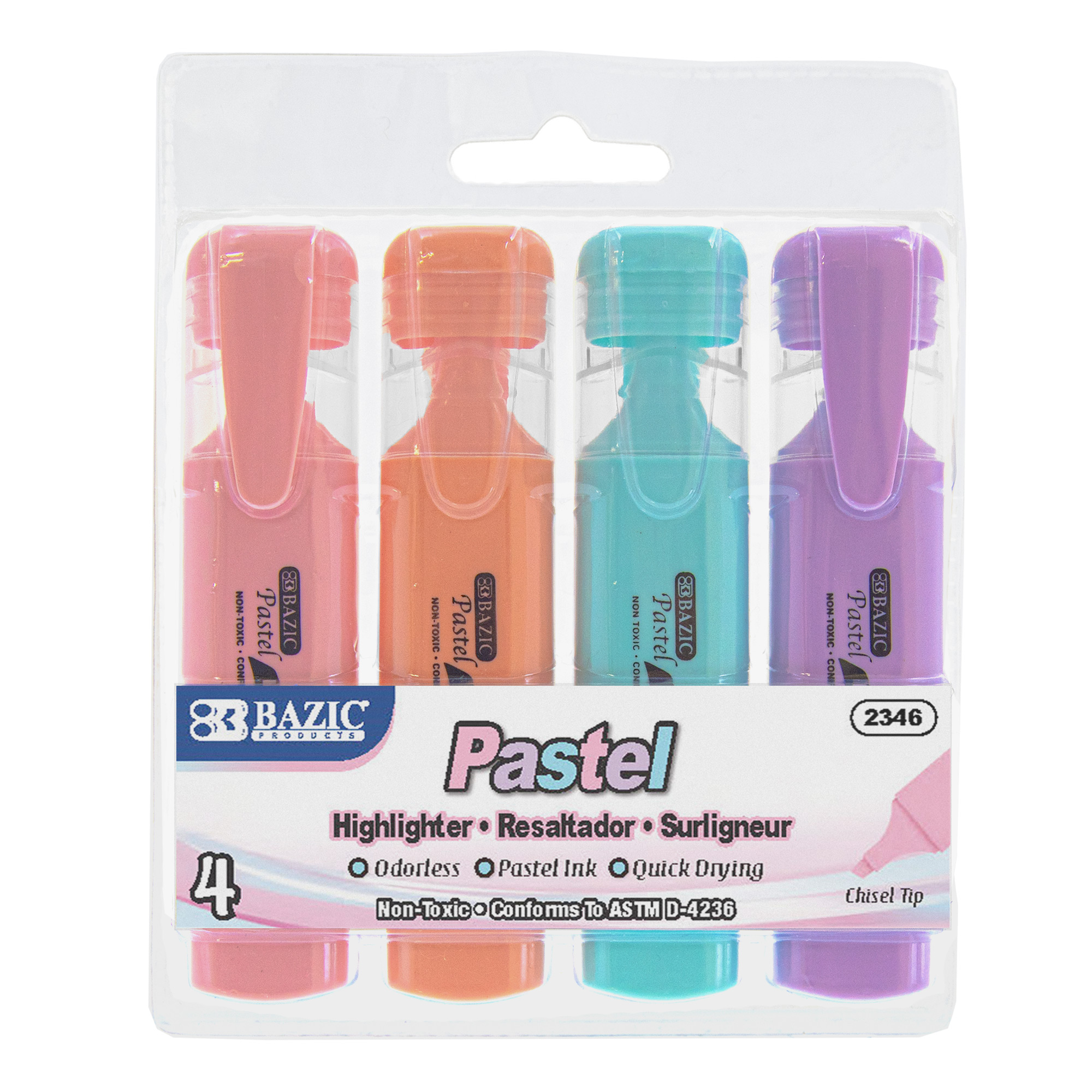 BAZIC Pastel Highlighter w/ Pocket Clip (4/Pack) Bazic Products