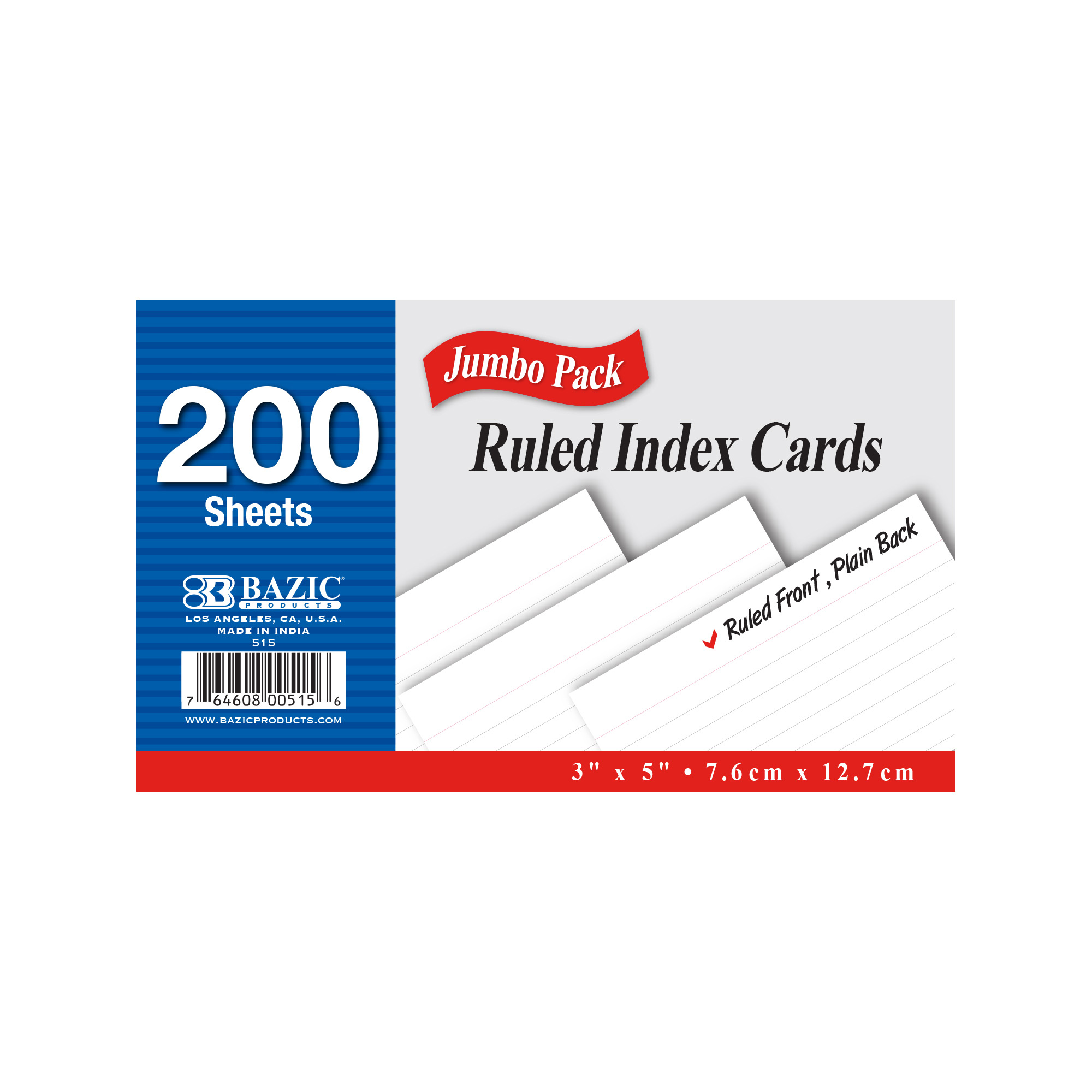 Bazic Ruled Color Coded Index Card 3 x 5 100 Ct. Box - 36 Units @ per Unit
